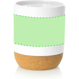 A white mug with a green blank area for customisation, featuring a cork base.
