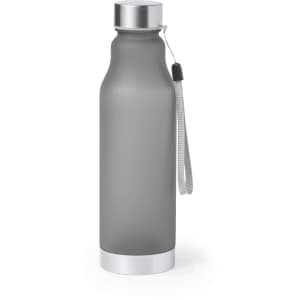 A drink bottle in matte grey with an aluminium cap and a hand strap, featuring a logo.