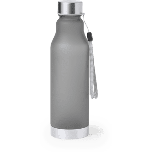 A drink bottle in a matte grey finish with a silver cap and a carry strap, featuring branding.