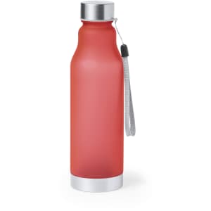 A drink bottle in a matte red finish with a silver base and a grey strap. It features a branding logo.