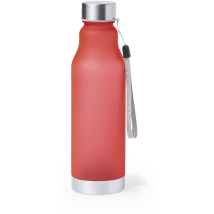 A drink bottle in matte pink with a silver lid and a carrying strap, featuring a logo on the body.
