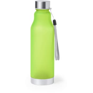 A drink bottle in bright green with a metallic silver lid and a loop for easy carrying. It features a logo.
