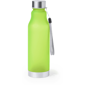 A drink bottle in bright green with a stainless steel base and a carrying strap. It features a logo on the surface.