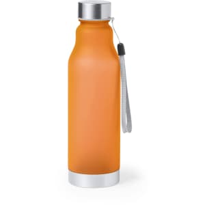 A drink bottle in matte orange with a silver base and cap, featuring a grey strap.