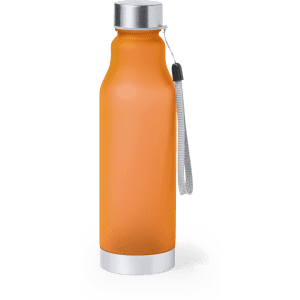 An orange drink bottle with a silver screw lid and a carry strap. The bottle has a smooth matte finish and a logo.