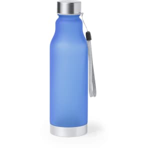 A drink bottle in a frosted blue finish with a sleek silver base and a removable strap.