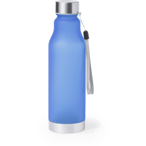 A drink bottle in a frosted blue finish with a silver base and a lanyard attached.