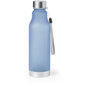 A drink bottle in a frosted blue finish with a silver metallic base and a strap. It features a logo on the body.