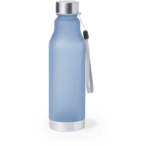 A drink bottle in a frosted light blue finish with a silver base and a strap for easy carrying.