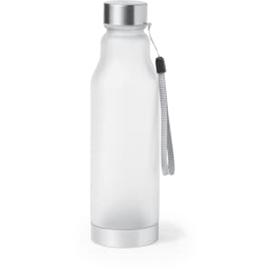 A drink bottle in frosted white with a silver base and cap, featuring a convenient carrying strap.