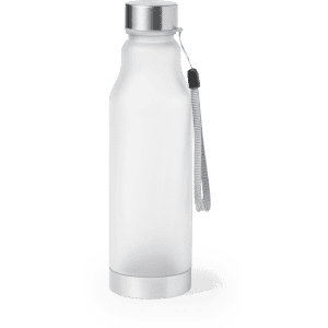 A drink bottle in clear plastic with a silver metal lid and base, featuring a grey strap for easy carrying.