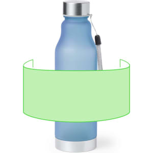 A drink bottle in a frosted blue finish with a silver cap and a tether, featuring a branding logo.