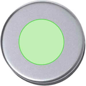 A drink bottle cap in silver with a circular light green centre, featuring a logo.