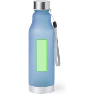 A drink bottle in a frosted blue finish with a silver lid and a carry strap. It features a blank space for branding.