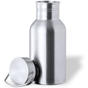 A drink bottle in polished stainless steel with a removable cap and handle. It features a simple design and sleek finish.