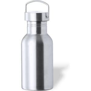 A drink bottle in a sleek silver finish with a removable lid and a handle for easy carrying.