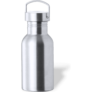 A drink bottle in a sleek silver finish with a screw cap and a metal handle. Features a simple logo.