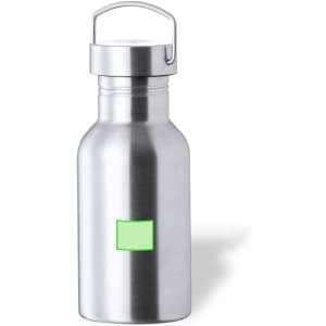 A drink bottle in silver stainless steel with a handle and a blank area for branding.