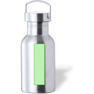 A drink bottle made of stainless steel with a silver finish and a green label area. Features a secure cap and handle.