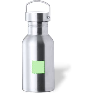 A drink bottle made of stainless steel with a metallic finish and a handle, featuring a blank area for branding.