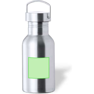 A drink bottle in silver stainless steel with a green label and a metal handle.