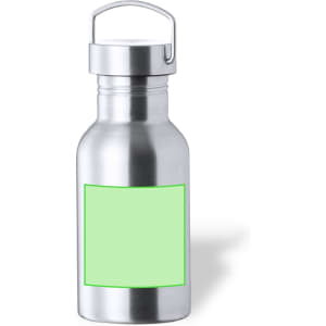 A drink bottle with a stainless steel body and a green label. It features a screw-top lid with a handle.