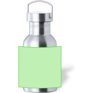 A drink bottle with a silver body and a metallic cap, featuring a blank green label. It has a sturdy handle.