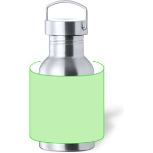 A drink bottle with a shiny silver finish and a green sleeve. It features a handle on the top.