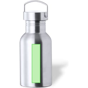 A drink bottle with a silver metal finish and a light green rectangular area, featuring a metallic handle on the lid.