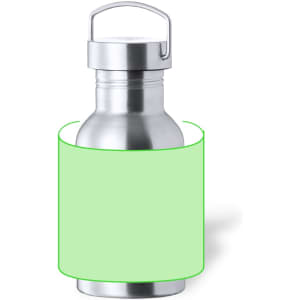 A drink bottle in silver metal featuring a green sleeve. The bottle has a silver cap and a handle.
