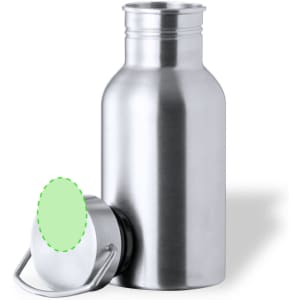A drink bottle made of stainless steel with a silver finish and a rounded cap featuring a handle.