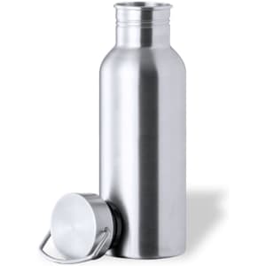 A drink bottle in a sleek stainless steel finish with a removable lid and a metal handle.
