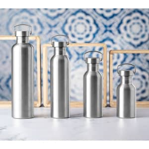 A drink bottle set featuring four stainless steel bottles in varying sizes with a sleek design and metal caps.