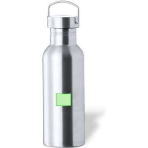 A drink bottle made of stainless steel with a silver finish and a handle. It features a logo on the front.