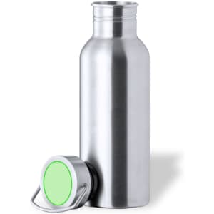 A drink bottle in stainless steel with a silver finish and a green cap, featuring a logo.