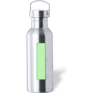 A drink bottle in stainless steel with a green panel and a metal cap, featuring a handle for easy carrying.