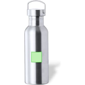 A drink bottle in stainless steel with a silver finish and a green square for branding.