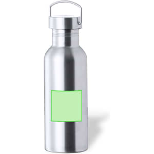 A drink bottle in shiny silver with a green rectangular label and a metal handle.