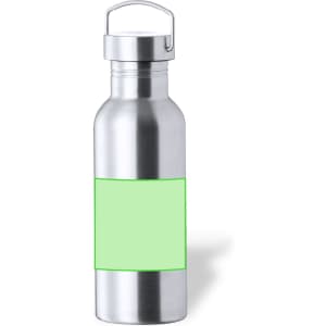 A drink bottle made of stainless steel with a silver finish and a green label area. It features a metal cap and handle.