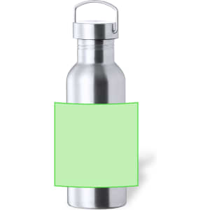 A drink bottle in silver with a green label area and a metal cap, featuring a handle for easy carrying.