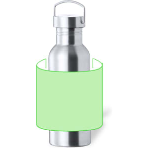 A drink bottle with a silver metallic finish and a green band. It features a handle and an inner cap.