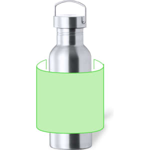 A drink bottle in stainless steel with a silver finish, featuring a green label area and a metal carry handle.