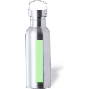 A drink bottle in silver metal with a green rectangular space and a metal handle on the lid.