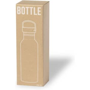 A drink bottle in a cardboard box, featuring a simple design and a visible cap. The colour scheme includes natural tones.