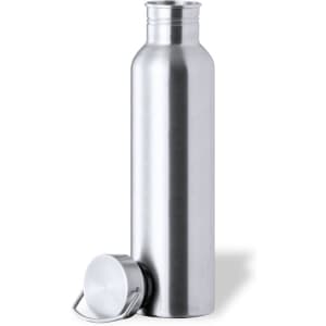 A drink bottle with a sleek stainless steel design and a removable screw cap. It features a simple, modern look.