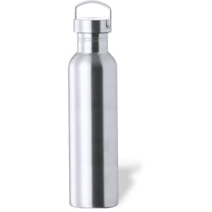 A drink bottle made of stainless steel with a sleek silver finish and a metal carrying handle.