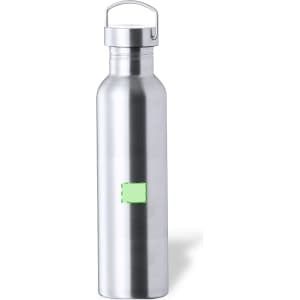 A drink bottle made of stainless steel with a sleek silver finish and a metal lid featuring a handle.