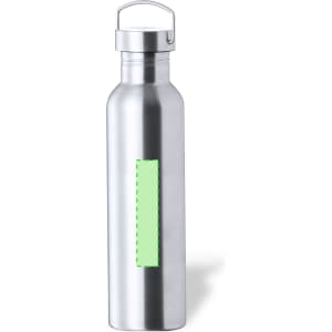 A drink bottle with a sleek silver stainless steel design and a green accent area, featuring a metal lid and handle.