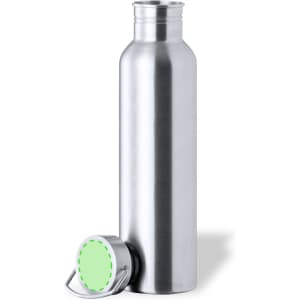 A drink bottle in a sleek silver finish with a green lid, featuring a branded design.
