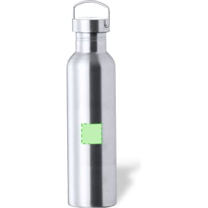 A drink bottle made of stainless steel with a sleek silver finish and a metal cap. Features a branding area.